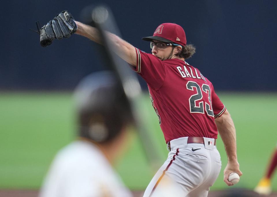 Arizona Diamondbacks starting pitcher Zac Gallen (23) throws a pitch against the San Diego Padres at Petco Park in San Diego on Aug. 17, 2023.