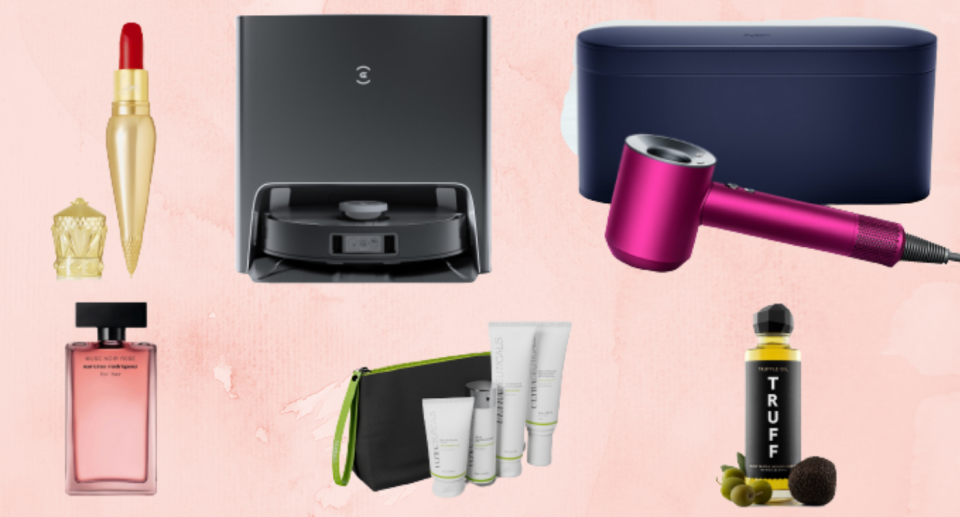 Mother's Day gifts including red lipstick, hot pink hair dryer, perfume, cosmetics, truffle oil and technology