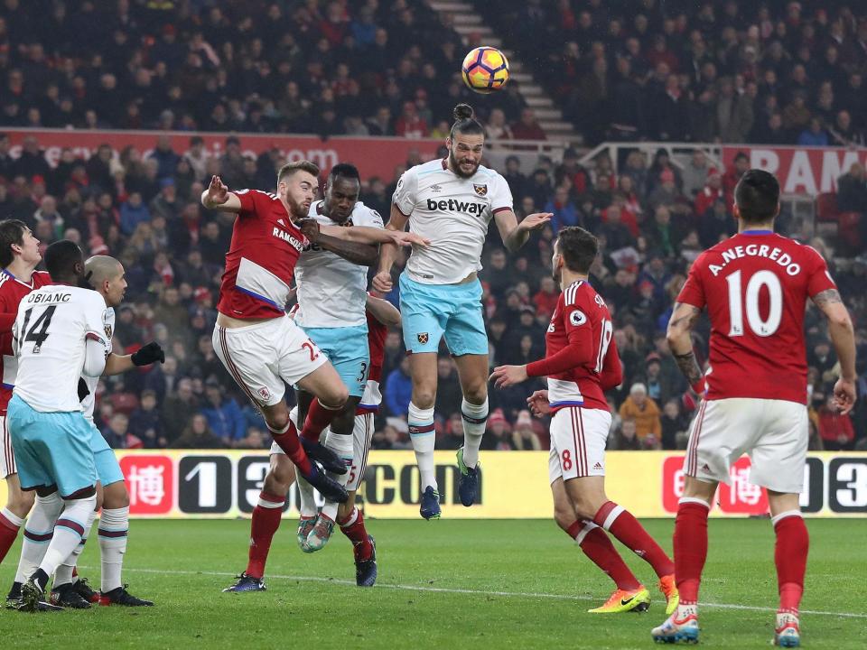 Andy Carroll heads West Ham into the lead against Middlesbrough (Getty)