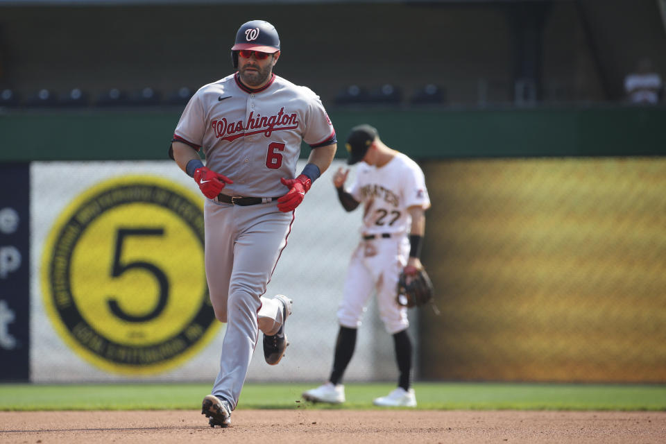 Washington Nationals' Alex Avila (6) runs the bases after hitting a home run in the fourth inning during a baseball game against the Pittsburgh Pirates, Sunday, Sept. 12, 2021, in Pittsburgh. (AP Photo/Rebecca Droke)