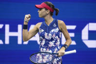 Ajla Tomljanovic, of Australia, reacts during a match against to Serena Williams, of the United States, during the third round of the U.S. Open tennis championships, Friday, Sept. 2, 2022, in New York. (AP Photo/John Minchillo)