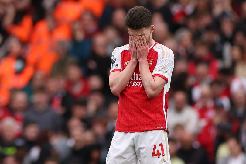 Arsenal midfielder Declan Rice reacts during game against Aston Villa