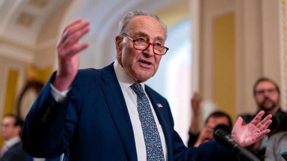 PHOTO: Senate Majority Leader Chuck Schumer, D-N.Y., speaks to reporters about a vote to protect rights for access to in vitro fertilization to achieve pregnancy, at the Capitol in Washington, June 12, 2024.   (J. Scott Applewhite/AP)