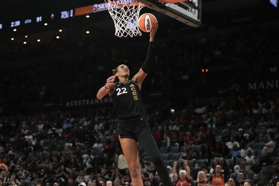 Aces star A'ja Wilson goes up for a shot against the Wings during Game 1 of the 2023 WNBA semifinals at Michelob Ultra Arena in Las Vegas on Sept. 24, 2023.