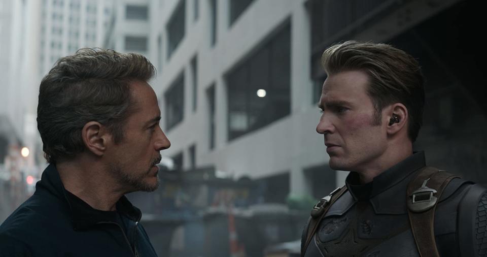 Robert Downey Jr and Chris Evans stare each other down in Avengers: Endgame (Image by Marvel)