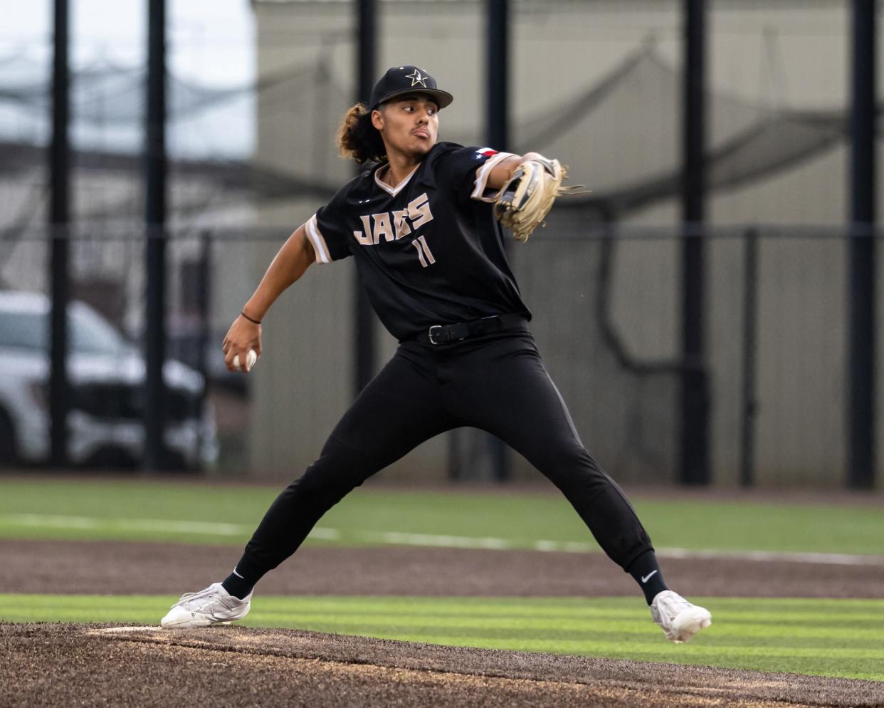 Buda Johnson starting pitcher Jayden Lopez. Buda Johnson won the second game of a bi-district playoff series with Round Rock 2-1, tying the series at 1-1, at Georgetown East View on May 3, 2024.