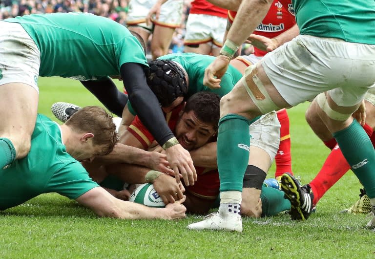 Wales' Taulupe Faletau scores his team's first try during the Six Nations match against Ireland