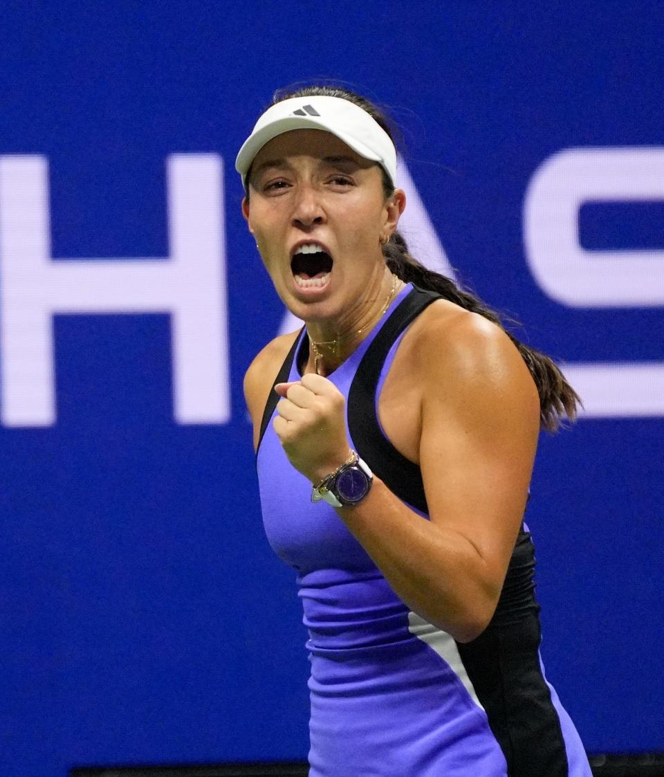 Jessica Pegula reacts against Karolina Muchova in the semifinals Thursday of the 2024 U.S. Open tennis tournament at USTA Billie Jean King National Tennis Center in Flushing, N.Y. Pegula came back to beat Muchova after losing the first set.