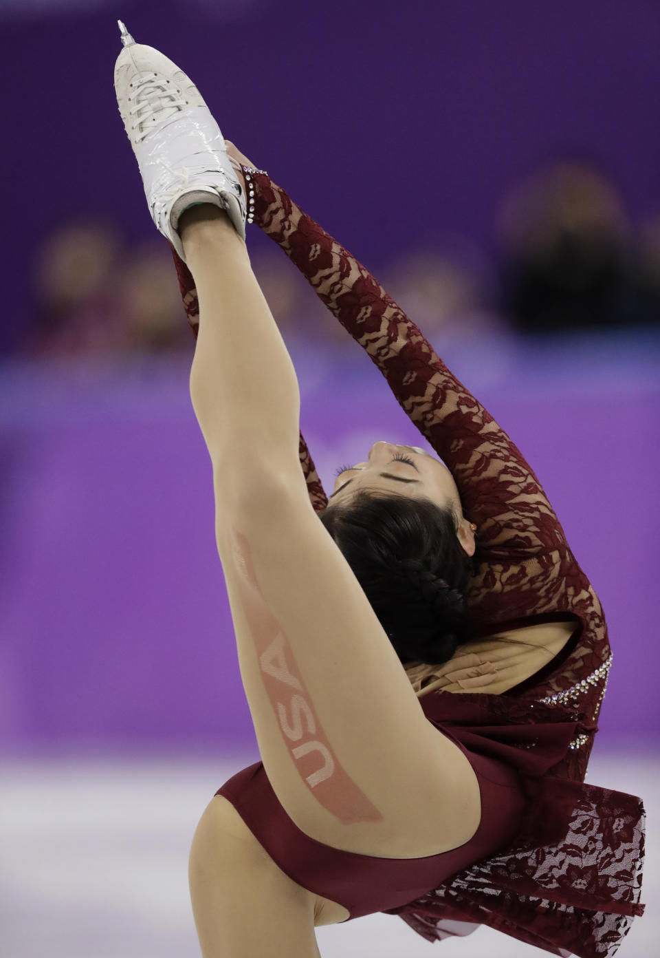 <p>Mirai Nagasu of the United States performs during the women’s short program figure skating in the Gangneung Ice Arena at the 2018 Winter Olympics in Gangneung, South Korea, Wednesday, Feb. 21, 2018. (AP Photo/Bernat Armangue) </p>