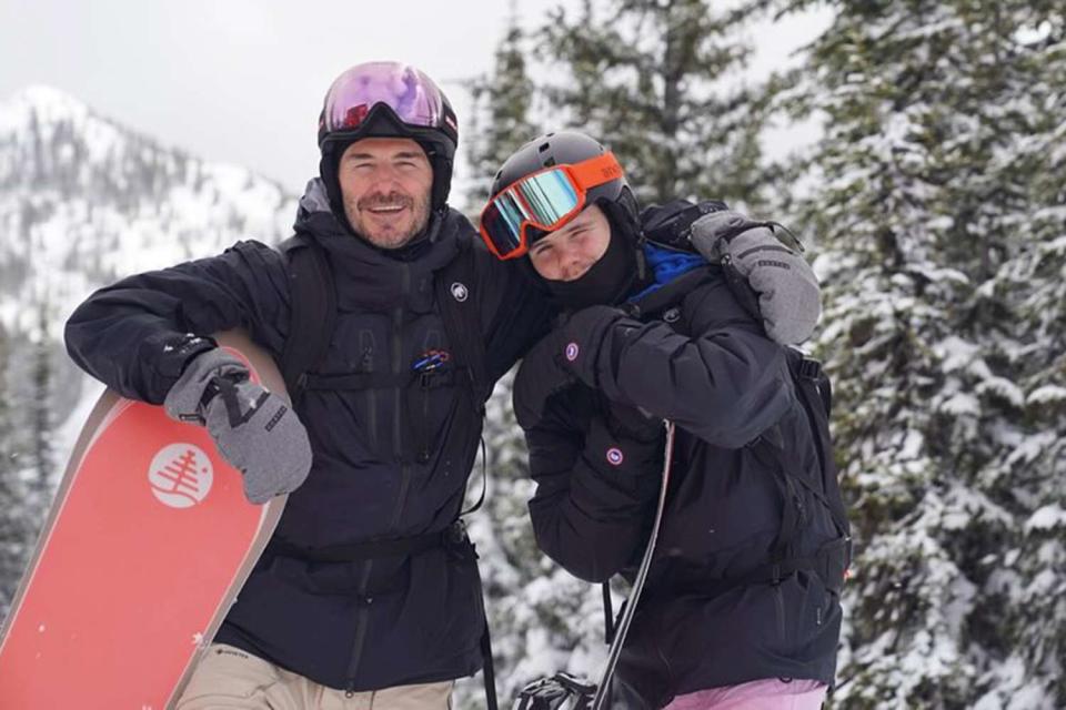 <p>David Beckham/Instagram</p> David Beckham and son Cruz during their snowboarding trip in Canada