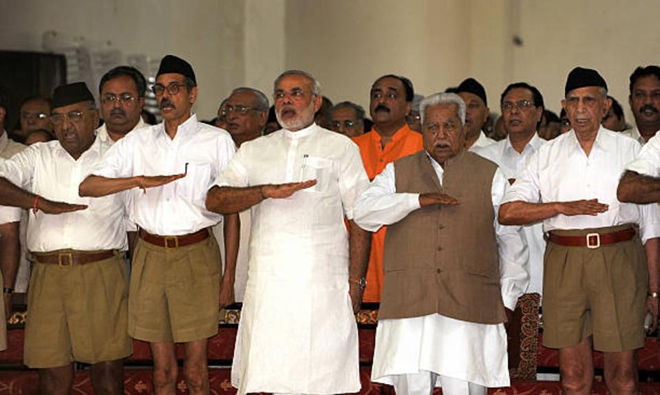 Narendra Modi attends a Rashtriya Swayamsevak Sangh gathering in Adalaj, Gujarat, in 2009 (AFP via Getty Images)