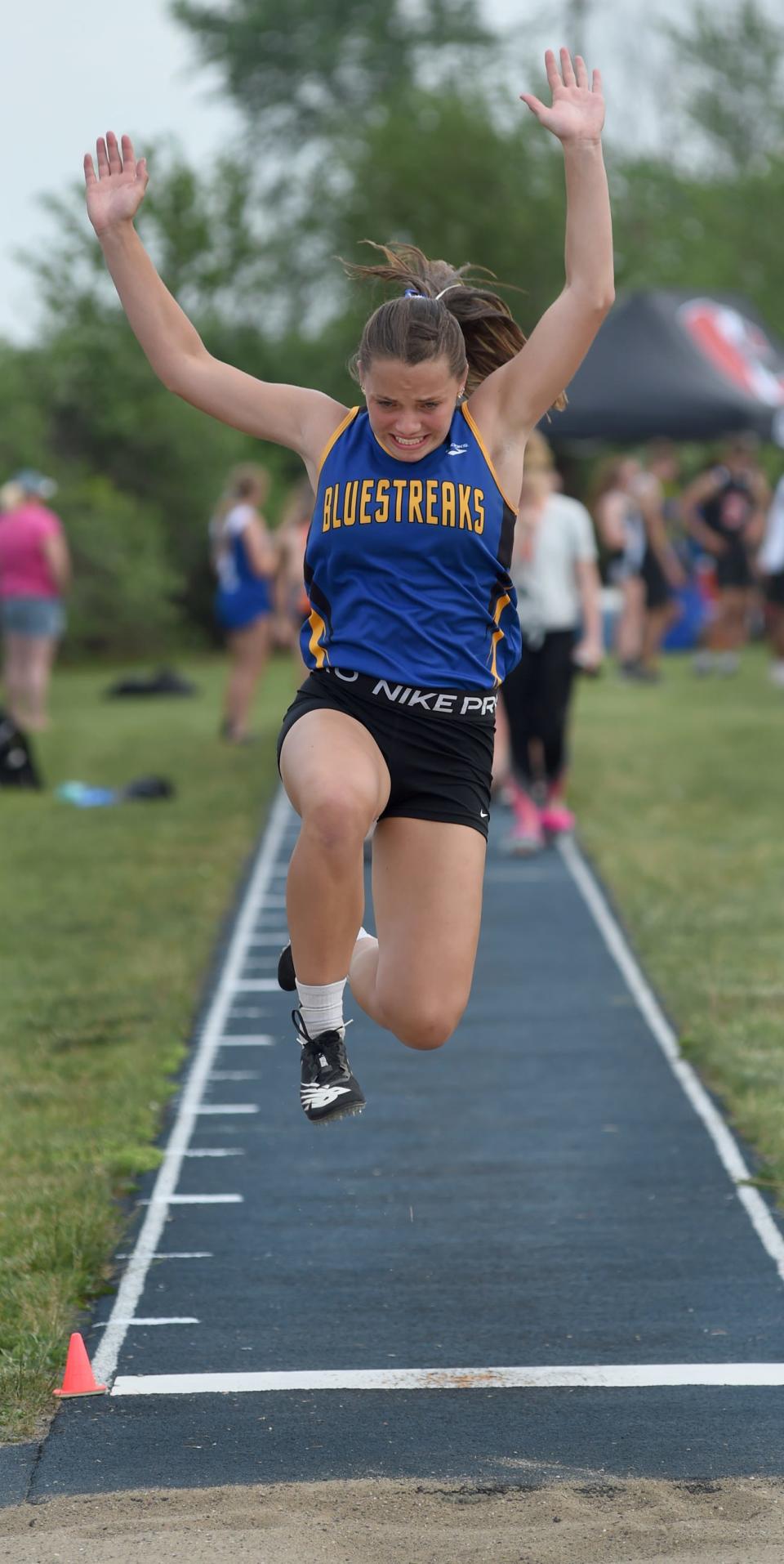 Natalie Motylinski of Ida leaps in the long jump during the LCAA League meet finals Tuesday, May 25, 2021.