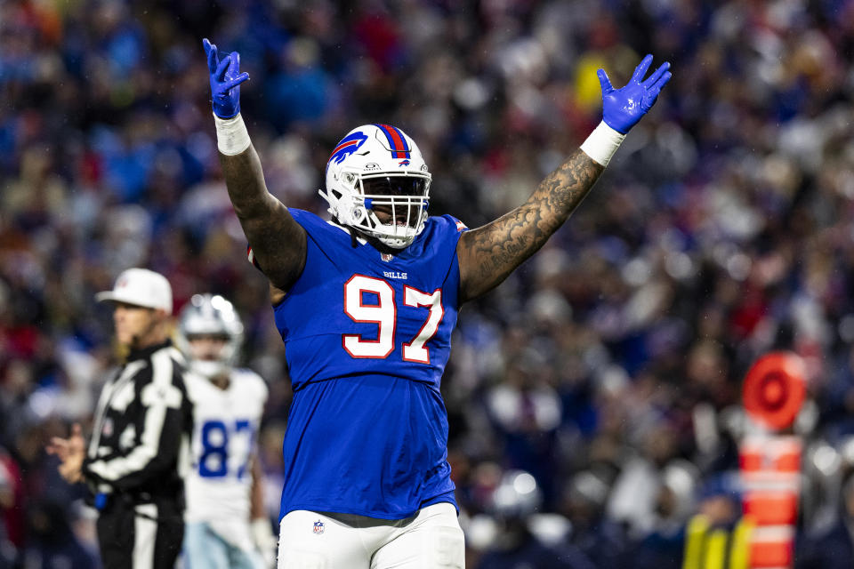 DETROIT, MICHIGAN - DECEMBER 17: Jordan Phillips #97 of the Buffalo Bills celebrates during the game against the Dallas Cowboys at Highmark Stadium on December 17, 2023 in Orchard Park, New York. The Bills beat the Cowboys 31-10. (Photo by Lauren Leigh Bacho/Getty Images)