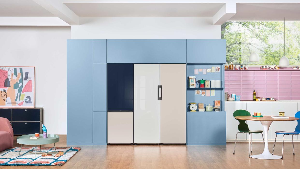  Navy white and blue fridge freezer in a large open plan kitchen living space - Samsung. 