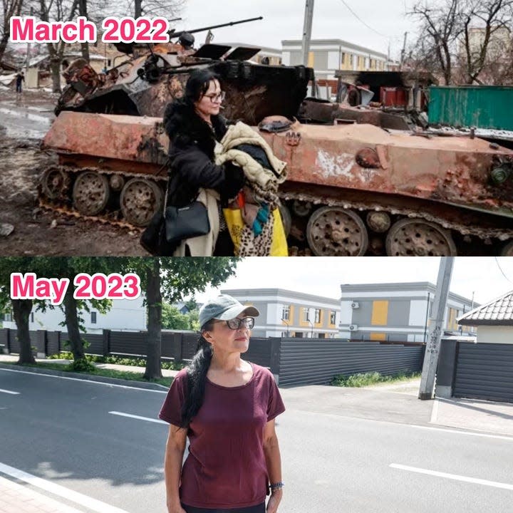 Buca resident Olha walks in front of an armored vehicle in March 2022. The bottom image shows Olha in May 2023 standing in the same spot she was pictured a year earlier.