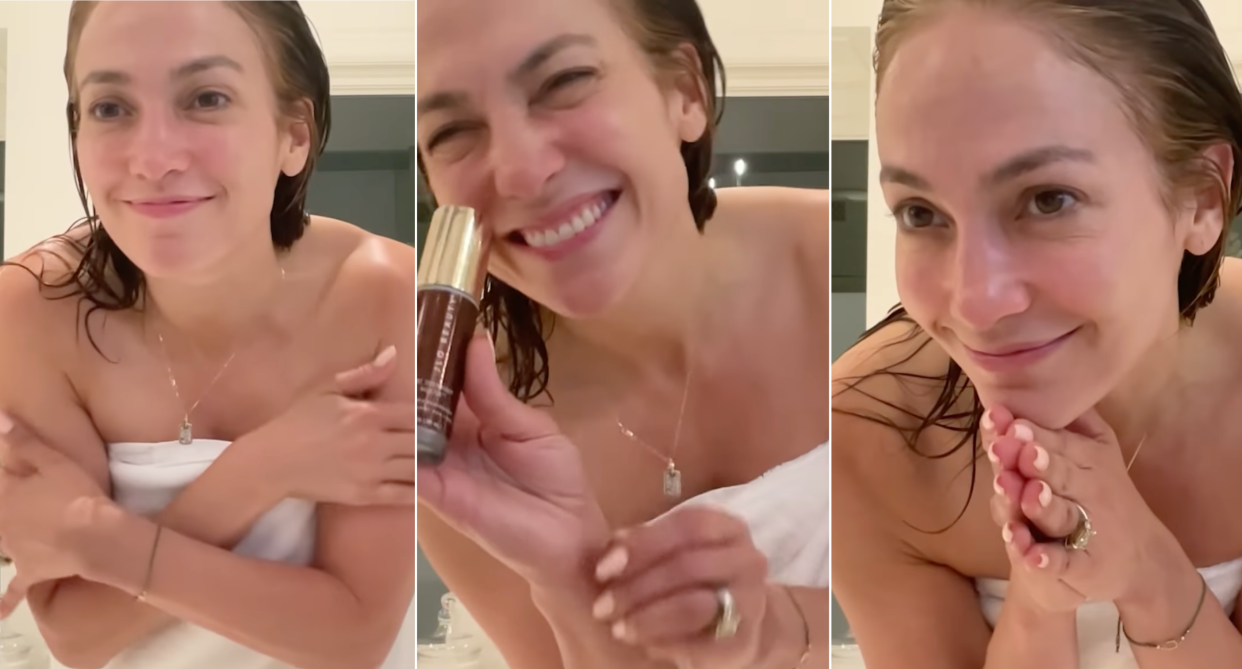 Jennifer lopex, j.lo, three screenshots of jennifer lopez with wet hair wearing white towel holding jlo beauty That Overnight Hustle AHA + BHA Resurfacer