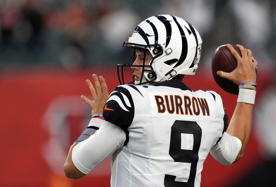 Quarterback Joe Burrow of the Cincinnati Bengals warms up prior to playing the Dolphins. (Photo by Dylan Buell/Getty Images)