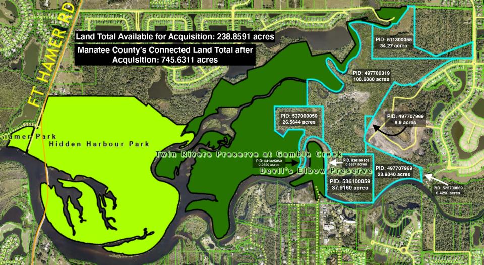 A map that shows the location of the Gamble Creek Preserve, which is proposed for possible purchase by Manatee County for environmental protection.