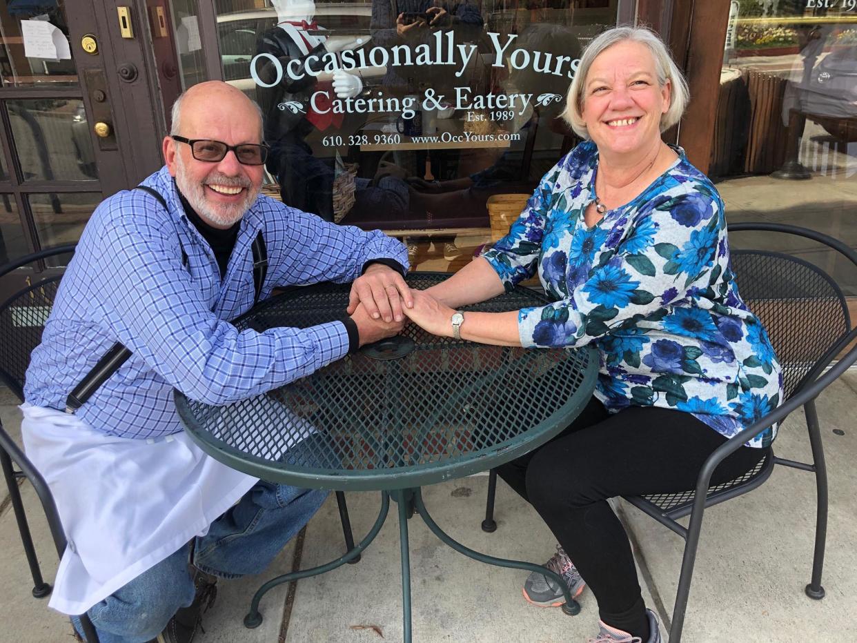 <span>Scott and Theresa Richardson outside their restaurant, Occasionally Yours, in Swarthmore, Pennsylvania.</span><span>Photograph: Courtesy the Swarthmorean</span>