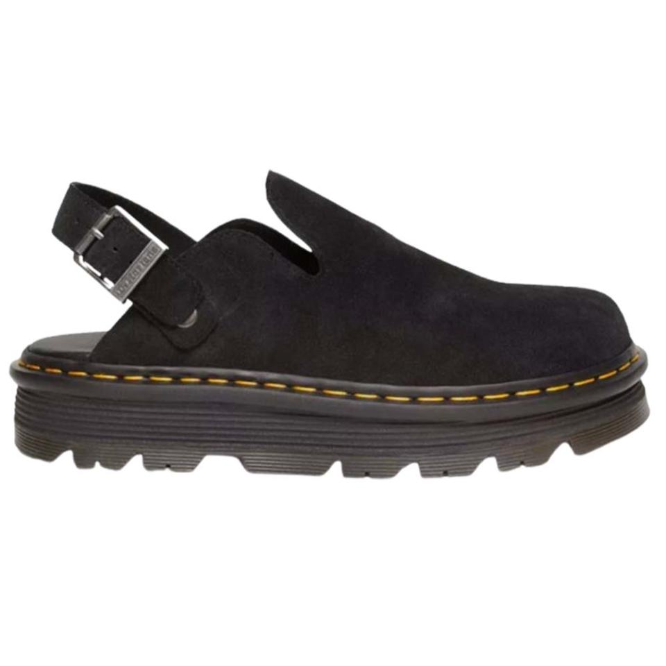 black suede mule on platform rubber sole with a silver buckle strap