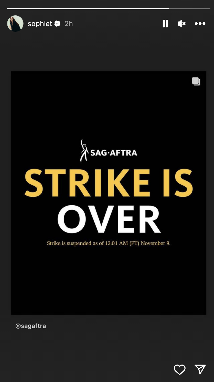 Screenshot of Sophie's IG story with the statement, "Strike is over"