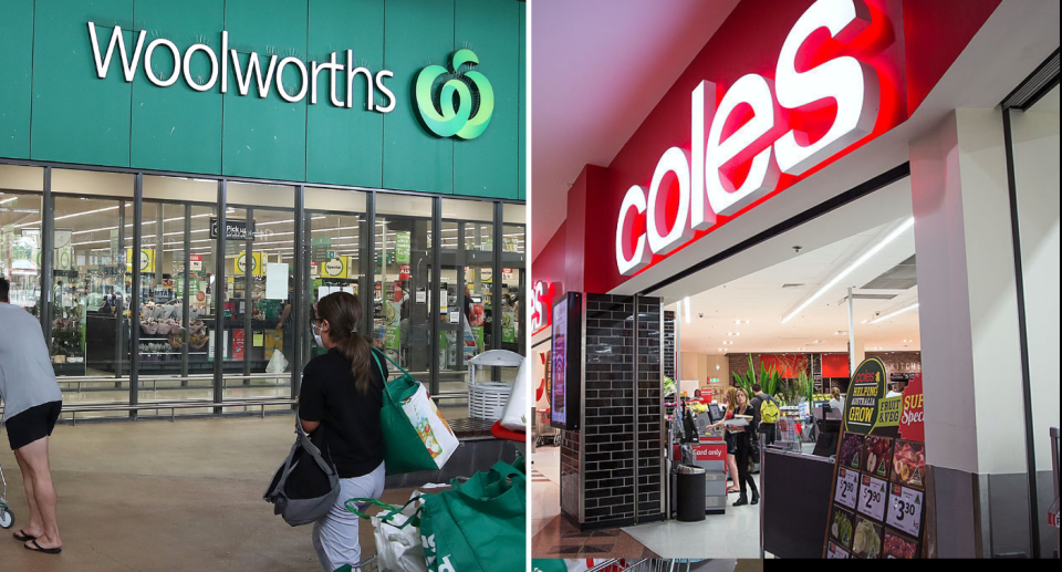 Left image of a Woolworths storefront. Right image of a Coles storefront. 