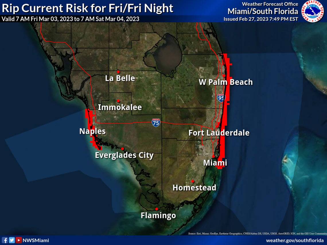 A high risk of rip currents is expected Friday through most of South Florida, forecasters say.