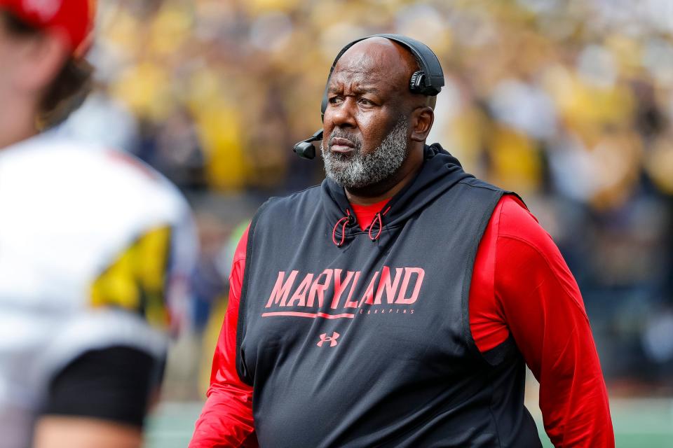 Maryland head coach Mike Locksley watches a play against Michigan during the second half at the Michigan Stadium in Ann Arbor on Saturday, Sept. 24, 2022.