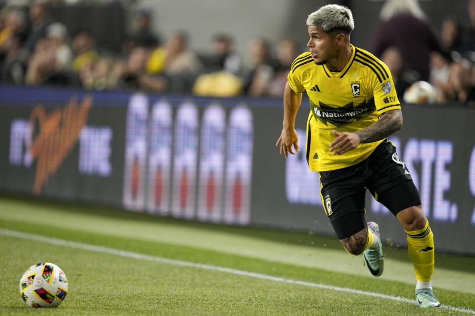 CF Montréal forward Matías Cóccaro looks to cross during the second half of an MLS soccer match against CF Montréal, Saturday, April 27, 2024, in Columbus, Ohio. (AP Photo/Jeff Dean)