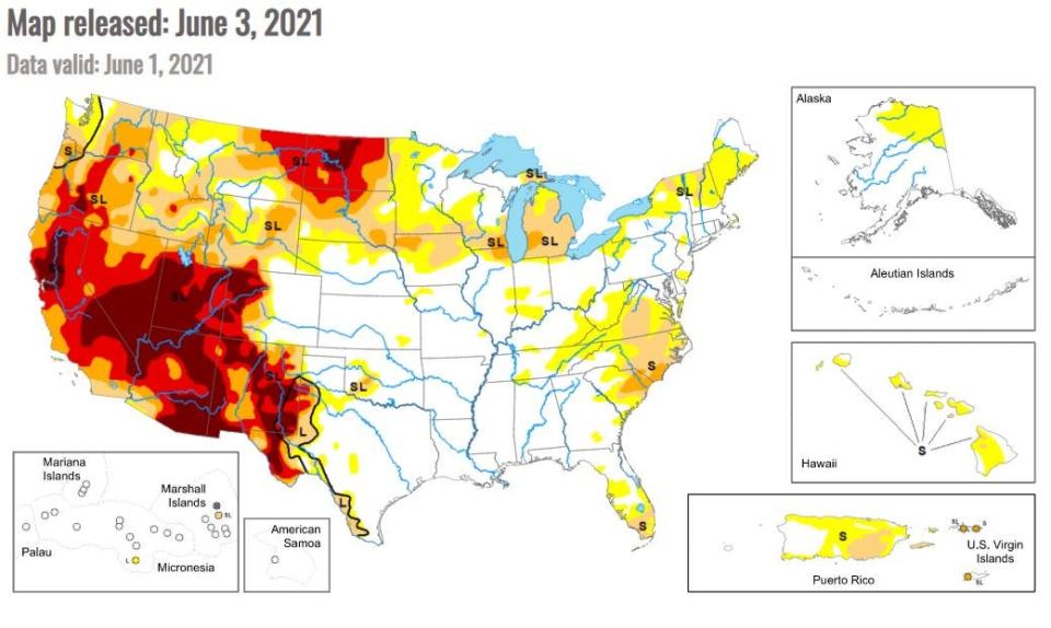 A map depicting drought conditions from the National Oceanic and Atmospheric Administration. Light orange shows regions with severe drought conditions, red shows areas with extreme conditions, and the maroon shows exceptional drought conditions. (National Oceanic and Atmospheric Administration)