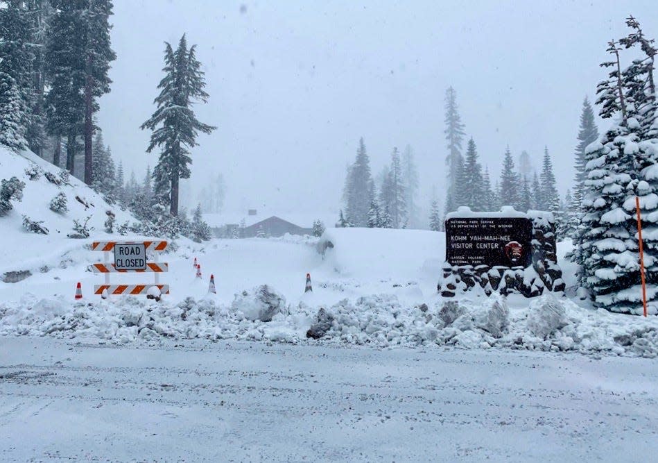 The Kohm Yah-mah-nee Visitor Center at Lassen Volcanic National Park was snowed in during an April 2022 snowstorm. At that time, the park highway closed one mile from both the northwest and southwest entrances, park officials said.