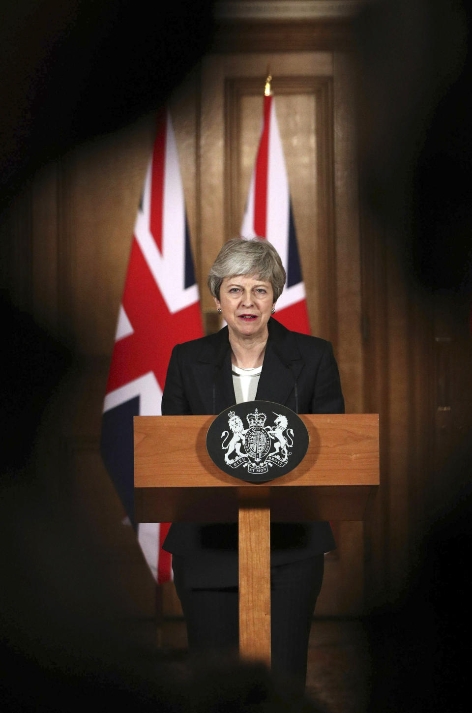 Britain's Prime Minister Theresa May delivers a statement, at 10 Downing Street, in London, Wednesday, March 20, 2019. May says it's a matter of "great personal regret" that U.K. won't leave the EU with a deal on March 29. (Jonathan Brady/Pool Photo via AP)