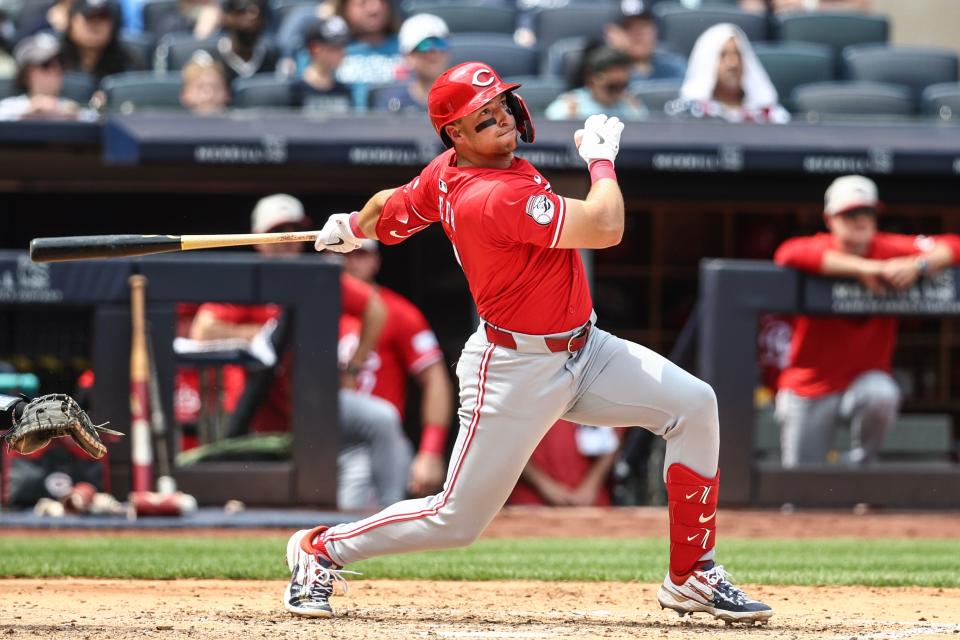 Jul 4, 2024; Bronx, New York, USA; Cincinnati Reds first baseman Spencer Steer (7) hits a three run home run in the fifth inning against the New York Yankees at Yankee Stadium. Mandatory Credit: Wendell Cruz-USA TODAY Sports