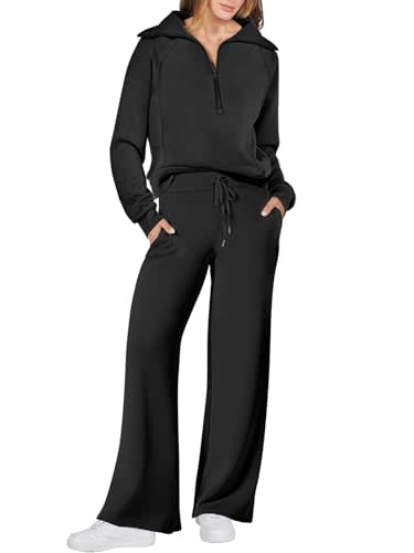 Women's 2 Piece Sweatsuit Set - Oversized Quarter Zip Sweatshirt & Wide Leg Sweatpants - Matching Lounge Set by ANRABESS