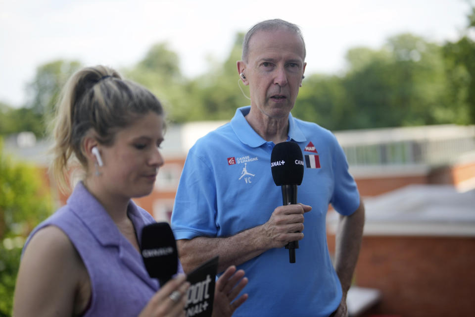 France's basketball coach Vincent Collet is interviewed during media day at the French National Institute of Sport and Physical Education, in Vincennes, outside Paris, Thursday, June 27, 2024. (AP Photo/Thibault Camus)