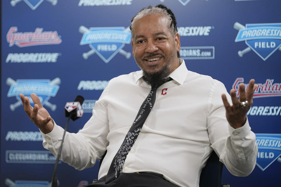 Former Cleveland baseball player Manny Ramirez answers a question during a news conference, Saturday, Aug. 19, 2023, in Cleveland. Ramirez will be inducted into the Cleveland Guardians Hall of Fame before Saturday's game between the Detroit Tigers and the Guardians. (AP Photo/Sue Ogrocki)