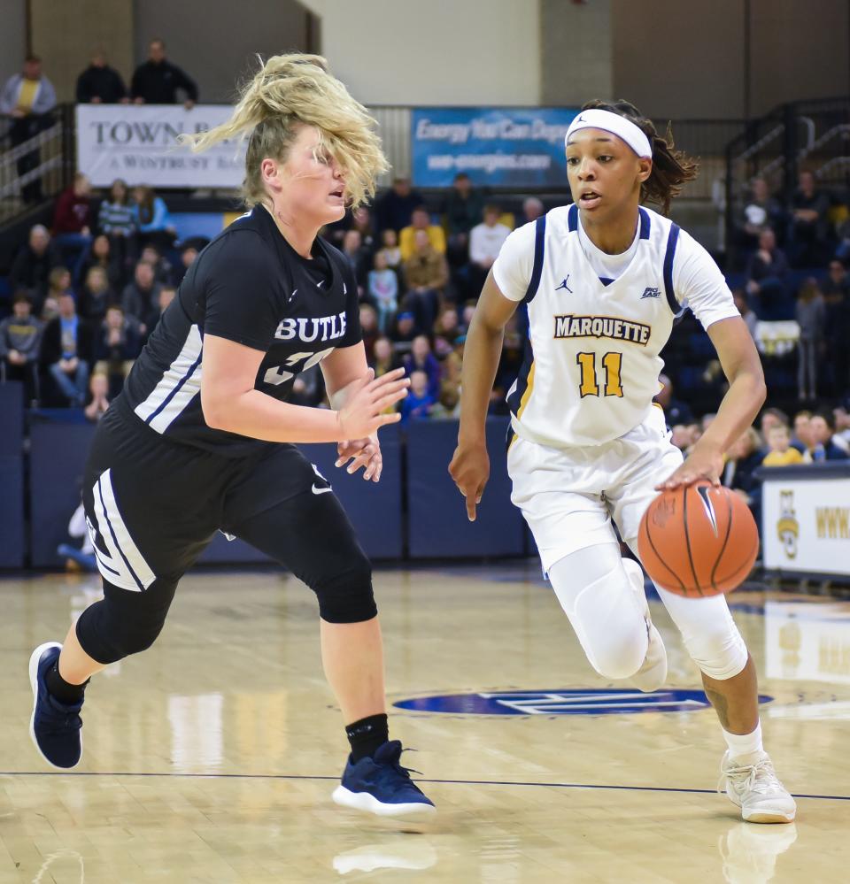 Marquette guard Allazia Blockton drives against Butler in a game Feb. 22, 2019, at the Al McGuire Center.