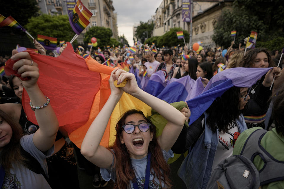 People participate in the Pride Parade in Bucharest, Romania, July 9, 2022. / Credit: Andreea Alexandru/AP