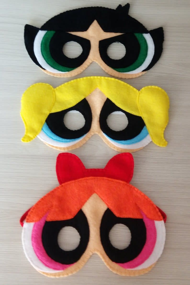 <p><strong>BBHandcrafts</strong></p><p>etsy.com</p><p><strong>$28.15</strong></p><p>If your squad is made of sugar, spice and everything nice, then pop on these masks and go as Blossom, Buttercup, and Bubbles this Halloween. All you need to do is wear a matching colored dress and you're set. </p><p><a class="link " href="https://go.redirectingat.com?id=74968X1596630&url=https%3A%2F%2Fwww.etsy.com%2Flisting%2F866786466%2Fgroup-halloween-costumes-blossom%3Fref%3Dhp_rv-5&sref=https%3A%2F%2Fwww.goodhousekeeping.com%2Fholidays%2Fhalloween-ideas%2Fg28073110%2Fhalloween-costumes-for-3-people%2F" rel="nofollow noopener" target="_blank" data-ylk="slk:SHOP DRESSES;elm:context_link;itc:0;sec:content-canvas">SHOP DRESSES</a></p>