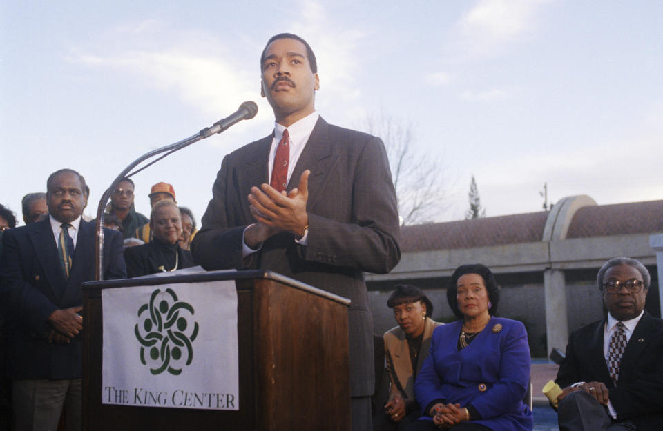 FILE - Dexter King, son of Martin Luther King Jr., speaks to the press outlining his family's plan for an interactive museum to be built at the MLK Center in Atlanta, Dec. 28, 1994. Dexter Scott King, the younger son of Martin Luther King Jr. and Coretta Scott King, has died after battling prostate cancer. The King Center in Atlanta says the 62-year-old son of the civil rights leader died Monday, Jan. 22, 2024 at his California home after battling prostate cancer. (AP Photo/Leita Cowart, file)