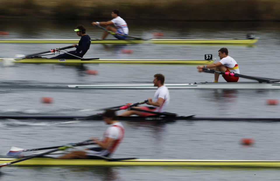 British rowers compete during the GB Rowing Team Senior Trials at the Olympic rowing venue in Eton-Dorney near London March 11, 2012. REUTERS/Stefan Wermuth