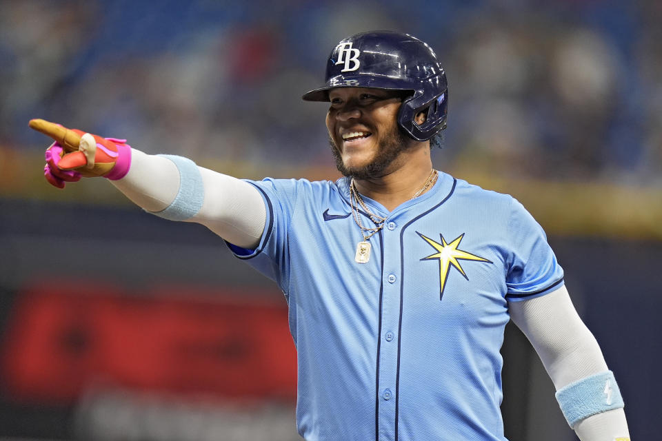 Tampa Bay Rays' Harold Ramirez celebrates after his single off Detroit Tigers starting pitcher Jack Flaherty during the fourth inning of a baseball game Wednesday, April 24, 2024, in St. Petersburg, Fla. (AP Photo/Chris O'Meara)