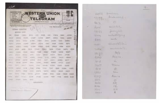 National Archives and Records Administration Zimmermann Telegram Decimal File, left, and decoded Zimmermann Telegram, 1917.