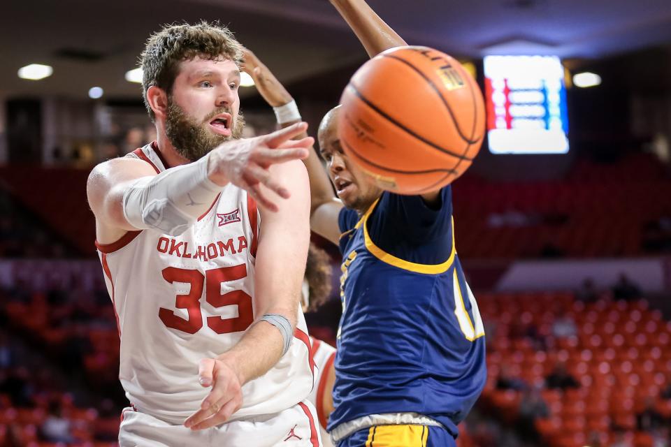 Oklahoma forward Tanner Groves (35) passes the ball in the first half during a college basketball game between the Oklahoma Sooners (OU) and the Kansas City Kangaroos at Lloyd Noble Center in Norman, Okla., Tuesday, Dec. 6, 2022.