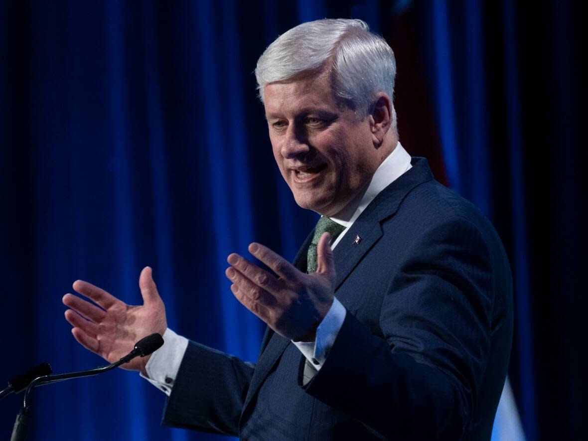 Former prime minister Stephen Harper delivers the keynote address at the Canada Strong and Free Networking Conference on Wednesday, in Ottawa. (Adrian Wyld/The Canadian Press - image credit)