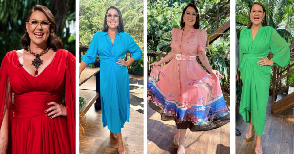 Julia Morris shows off four outfits on I'm A Celebrity, a red low cut dress with chunky metal necklace, a sky-blue long-sleeved dress, a pink belted and buttoned dress with patterned hem and a bright green puff-sleeved dress.