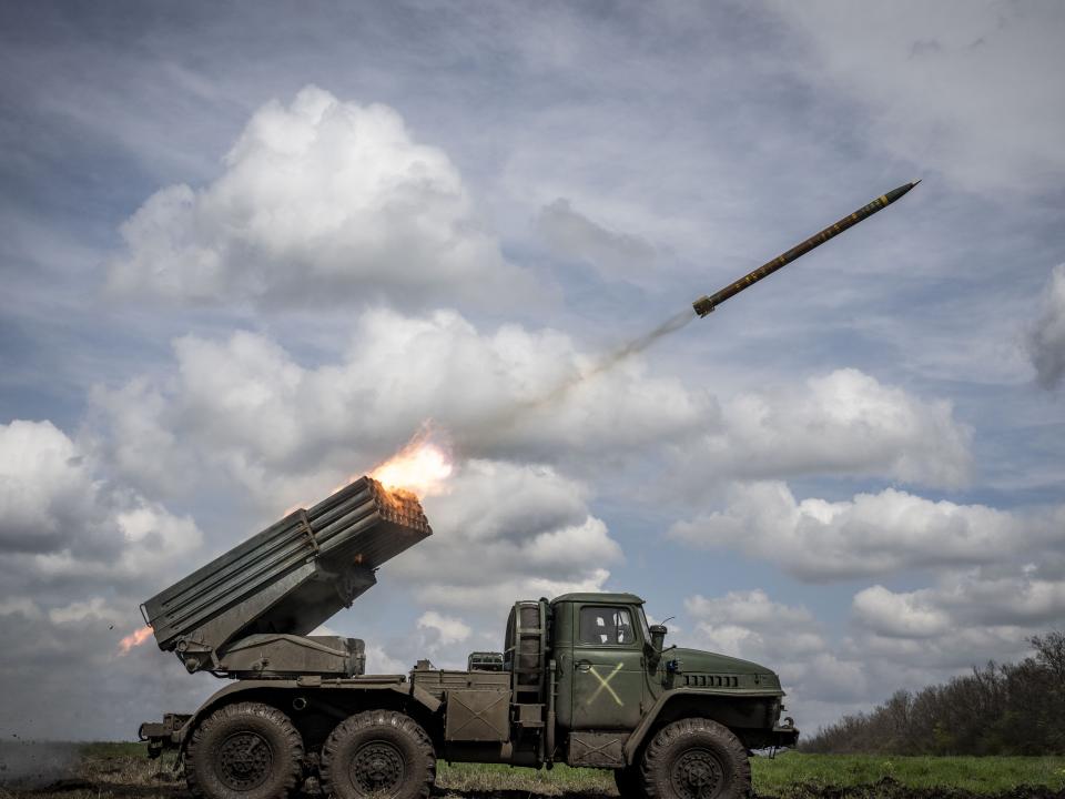 A grad missile is launched on frontline in eastern Ukraine on April 24, 2023.