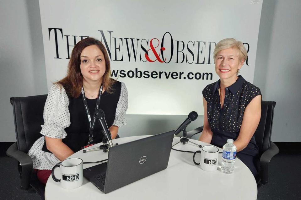 News & Observer Capitol Bureau Chief Dawn Vaughan, left, interviews U.S. Rep. Deborah Ross, right, on an episode of the Under the Dome politics podcast recording on Friday, Oct. 27, 2023 in Raleigh.