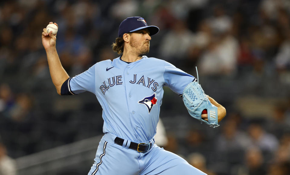 Toronto Blue Jays starting pitcher Kevin Gausman throws to a New York Yankees batter during the first inning of a baseball game Wednesday, Sept. 20, 2023, in New York. (AP Photo/Noah K. Murray)