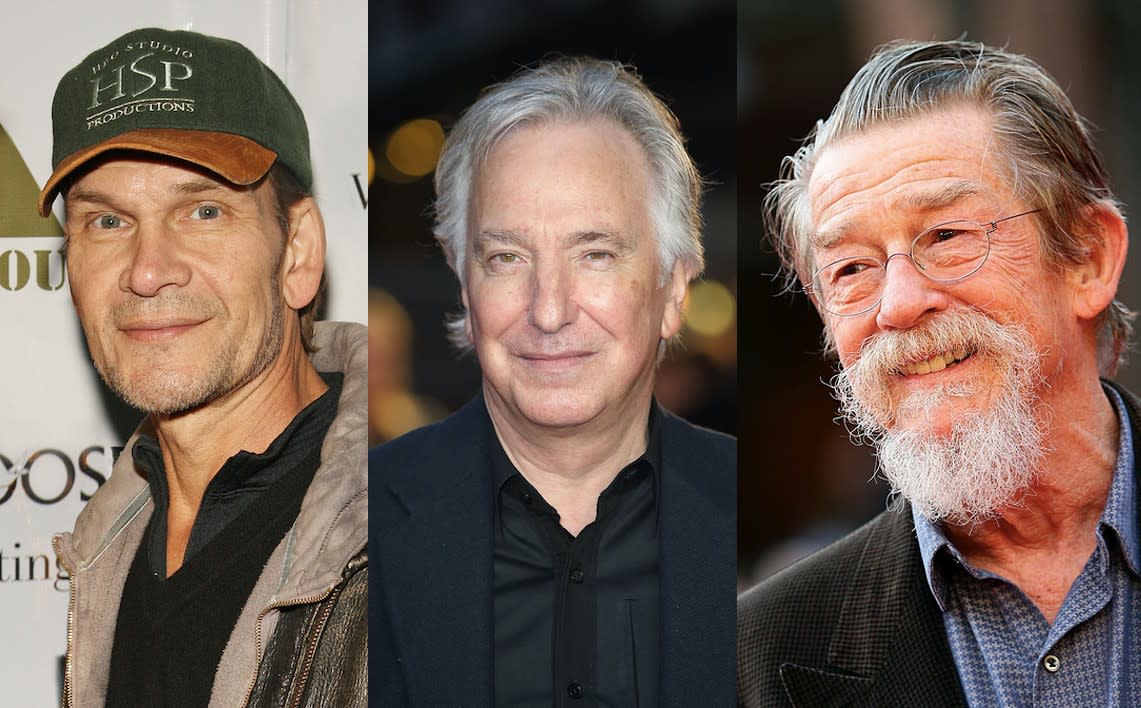 The voices of the late Patrick Swayze, Alan Rickman and Sir John Hurt have all been used in a pancreatic cancer awareness video. (Getty Images)